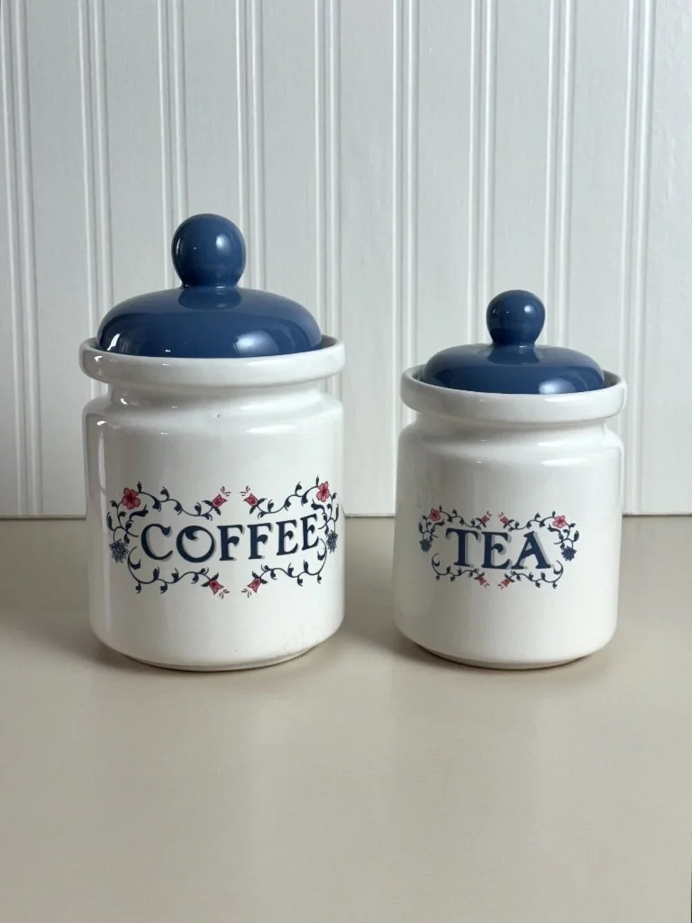 Vtg 90s Jay Ceramic Coffee & Tea Canisters Jars Blue & White Floral Cottagecore